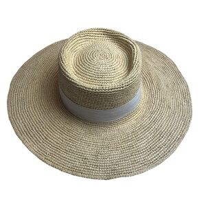 G. Viteri Ecuatorian Handmade Straw Hat Size‎ S Wide Beach Beige White Band